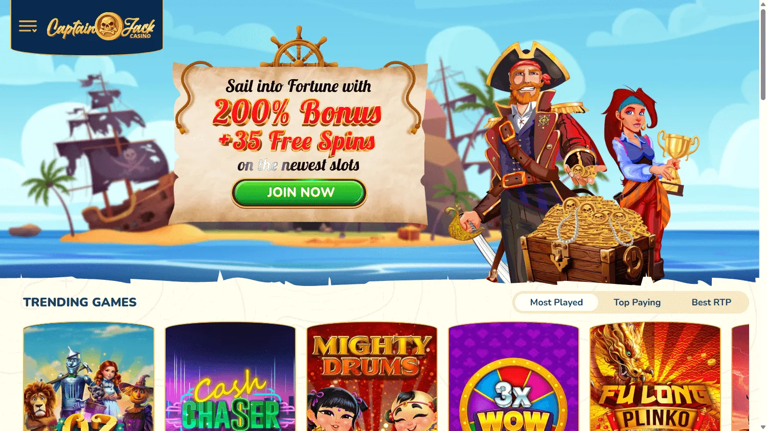 Captain Jack Casino home screen on desktop