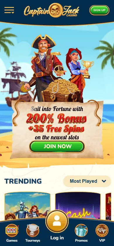 Captain Jack Casino home screen on a mobile device