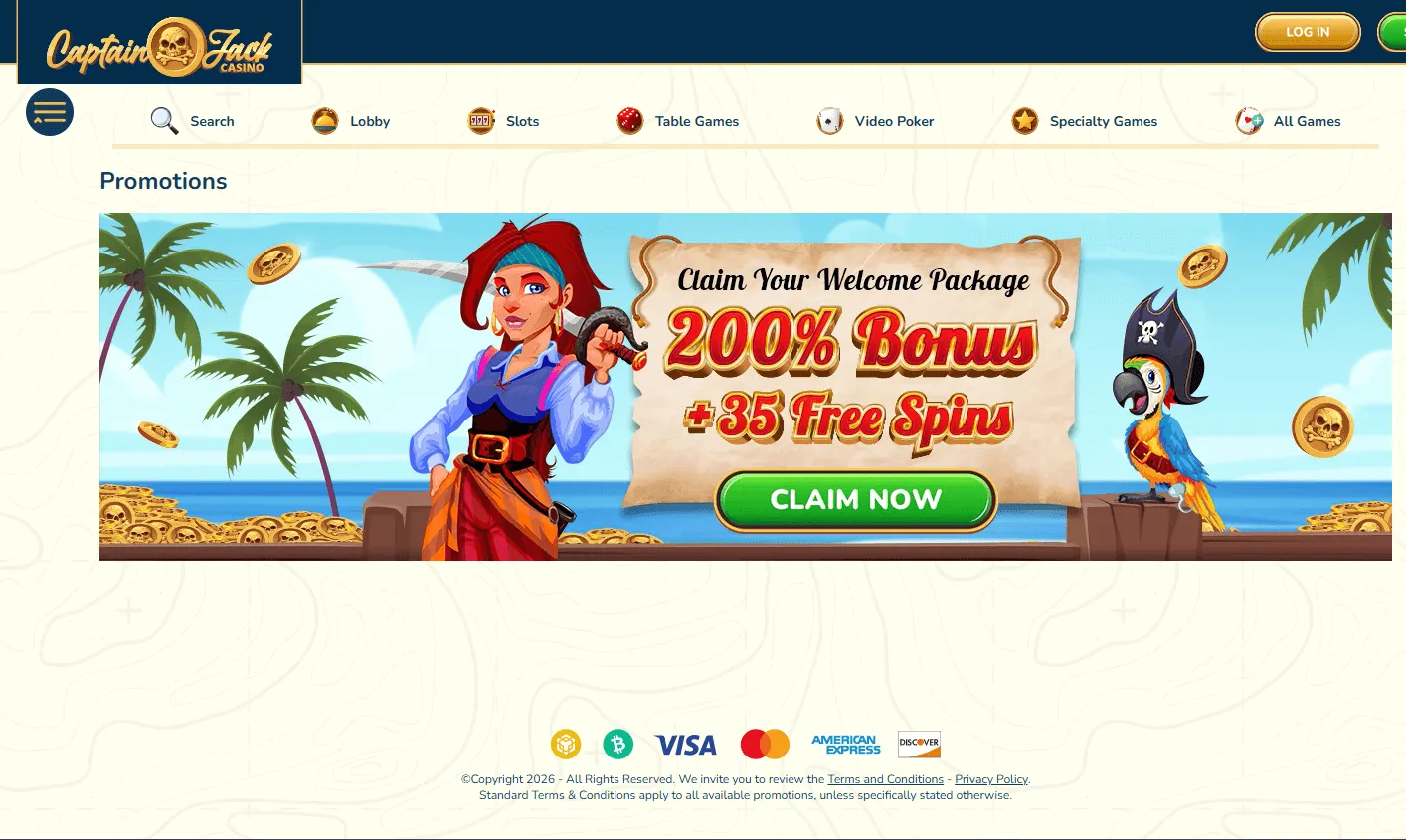 Captain Jack Casino promotions screen on desktop