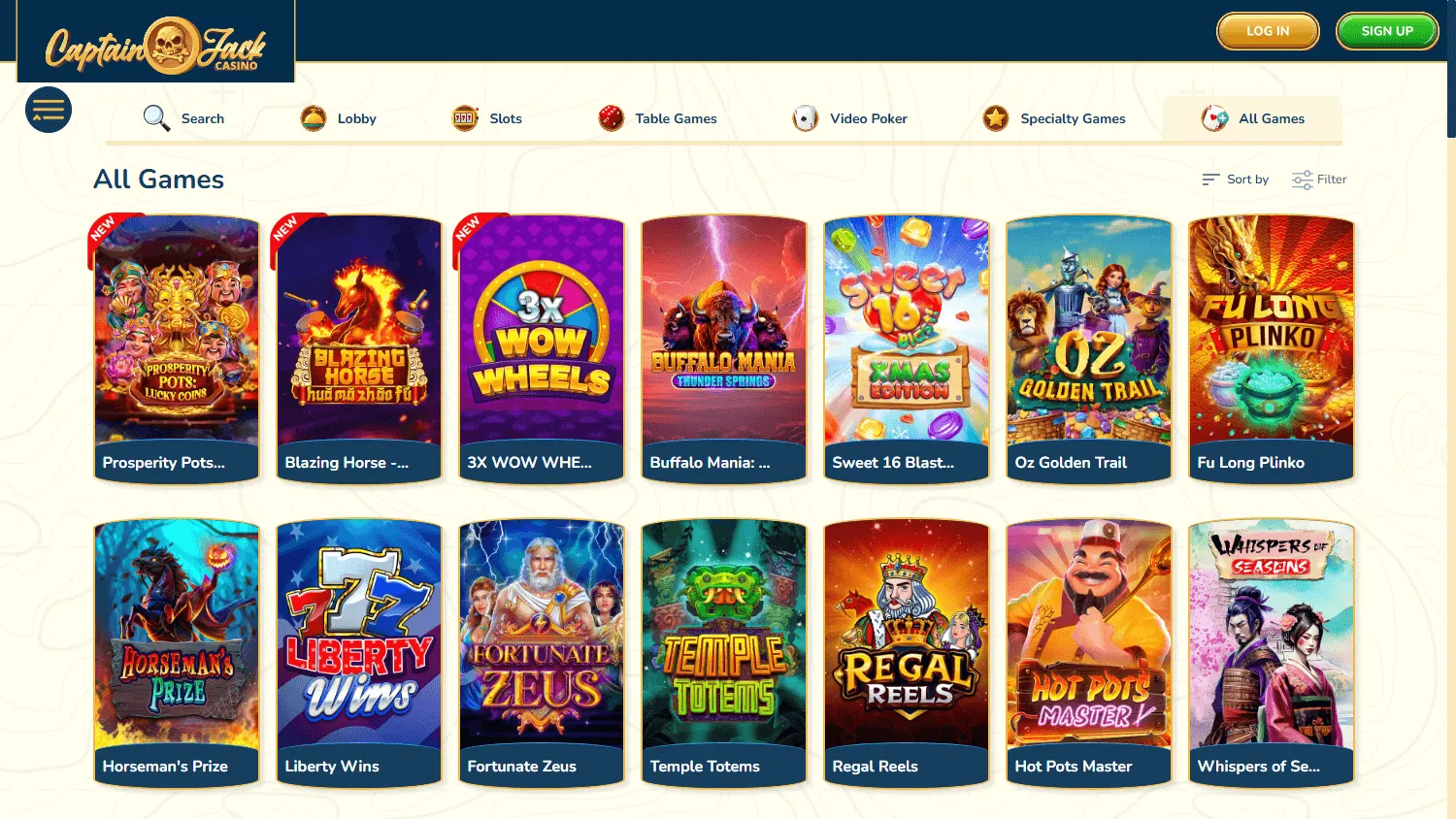 Captain Jack Casino games screen on desktop
